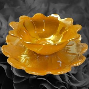 Vtg 50s Fire King Iridescent Luster Lotus Flower Plate & Bowl Peach Orange